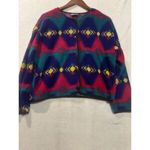 VINTAGE 80s 90s‎ David Wayne Fleece Southwest Aztec Sweater Jacket Cardigan Med